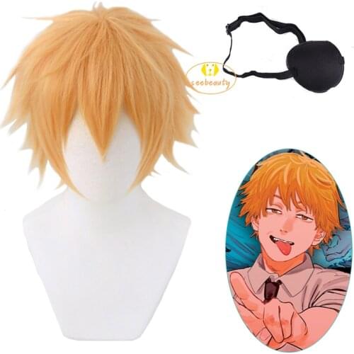 Anime Chainsaw Man Denji Cosplay Wig Golden Blonde Short Wig Eye Patch Heat-resistant Fiber Hair + Free Wig Cap Halloween Props