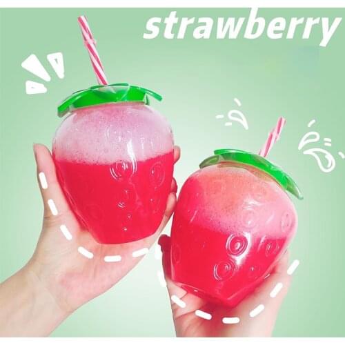 Strawberry Shape Plastic Cup Cute Pendant Portable Milk Tea Juice Water Bottle with Straw Student Couple Take Pictures Net Red C