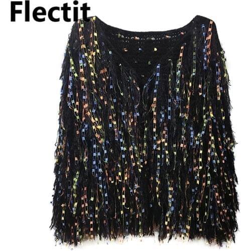 Flectit Fall Winter Fuzzy Metallic Fringe Cardigan Women Open Knit Long Sleeve Ribbed Cuff Tassel Sweater New Year Party Wear