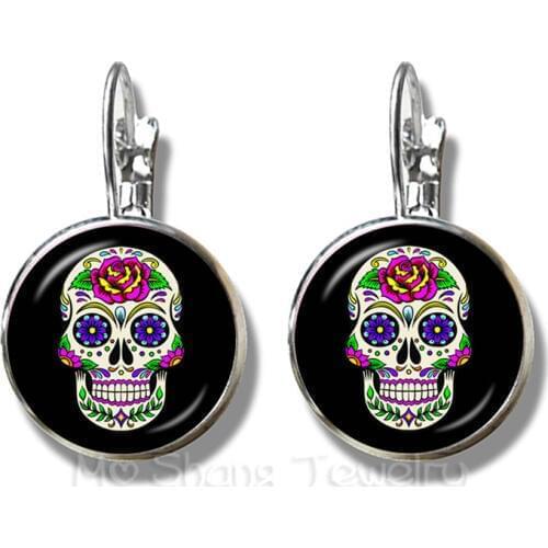 Pinkycolor Skeleton Earrings 16mm Glass Dome Time Gem Silver Plated Jewelry For Women Day of the Dead Stud Earrings