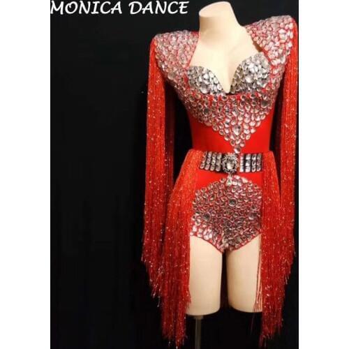 Sexy Blue Red Big Rhinestones Tassel Bodysuit Bra Womens Birthday Celebrate Outfit DJ Women Singer Show Nightclub Costume