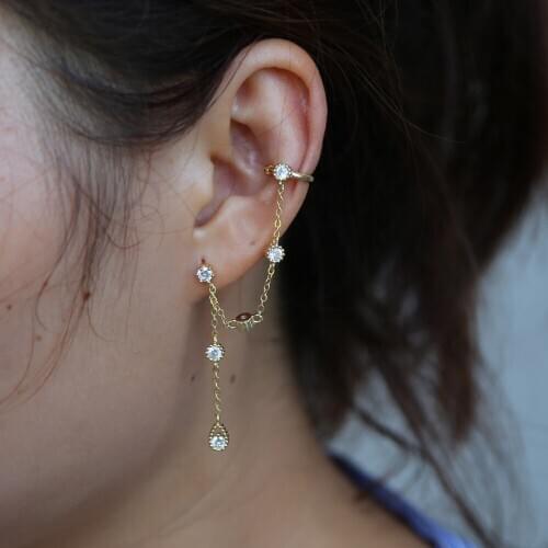 Round cz ear line 100% 925 Sterling silver Jewelry fashion cuff clip earrings for women girl gift simple delicate tassel earring