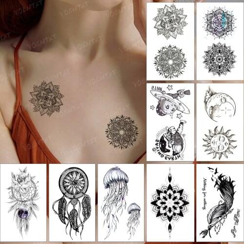 Waterproof Temporary Tattoo Sticker Flower Henna Mandala Black Line Tatto Back Arm Leg Tatoo Woman Man Child Flash Tattoos