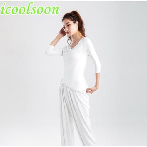 ICOOLSOON Plain brocade style yoga suit fashion running clothes fitness sleeve wide pine female gym 2 piece pc leggings set