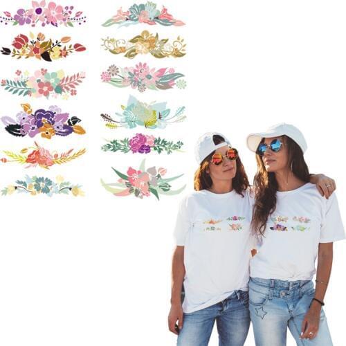 12Pcs/Set Flowers Stickers Child Ink Style Flower Stripe Diy T-Shirt Clothing Stickers Eco-Friendly Fabric Patchestransfer