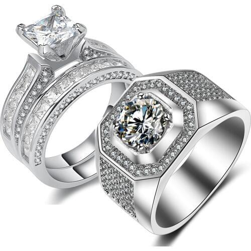 2018 Top Selling Couple Rings Sparkling Jewelry 925 Sterling Silver White Gold Filled Princess 5A CZ Wedding Bridal Ring Set