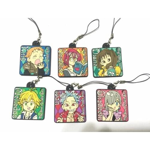 6pcs/lot The Seven Deadly Sins Anime keychain Meliodas Elizabeth Liones Hawk Diane Merlin Rubber strap/mobile phone charms G362