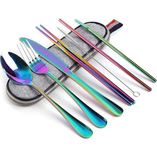 7pcs Dinnerware Set Travel Cutlery Set Reusable Silverware With Metal Straw Spoon Fork Chopsticks Kitchen Accessory With Case