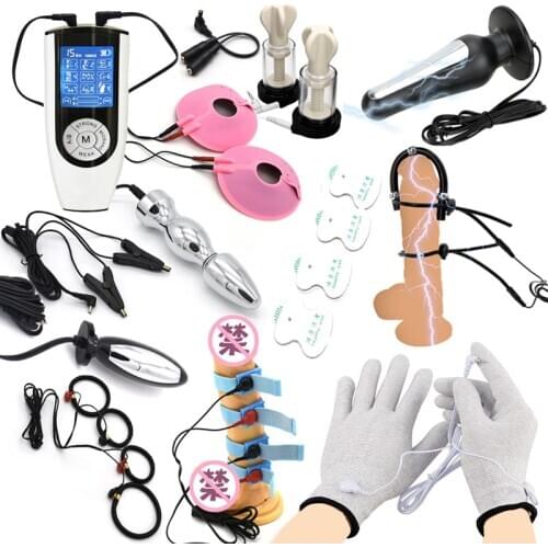 Strongest Electric Shock Pulse Anal Butt Plug Estim Penis Ring Nipple Sucker Clamps Massage Gloves/Pad BDSM Chastity Sex Toy Kit