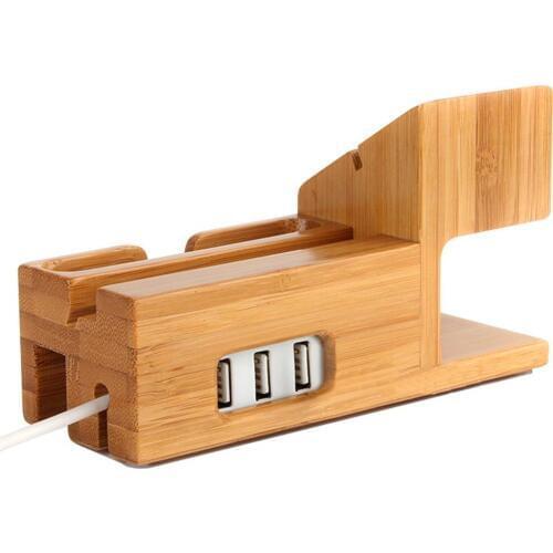 Bamboo Wood 3 USB Ports Desk Stand Charger+USB Charging Station Holder For iPhone 7 6S Plus 5S SE X MAX S9 8 + &For Apple Watch