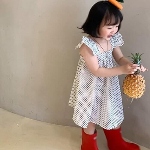 2021 Summer Girls Korea Cute Clothes Baby Girl Kids Flying Sleeve Polka Dot Cotton Dress 2-6Y Children Casual Costume Clothing