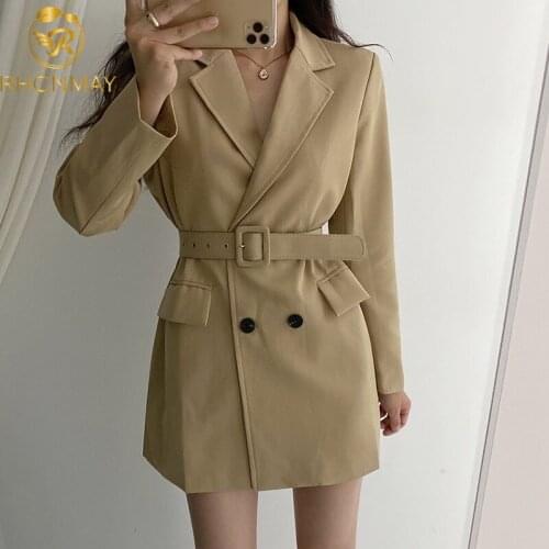 Elegant Chic Autumn Notched Collar Blazers Coat Women Office Ladies Double-breasted Khaki Long Sleeve Blazers With Belt