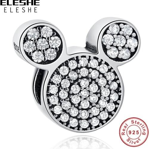 ELESHE European DIY Charm 925 Sterling Silver Crystal Minnie Beads Fit Original Bracelet Bangle for Women Jewelry Making Gift