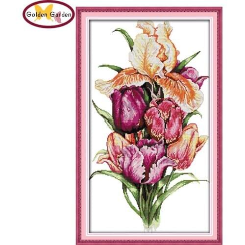 GG Noble Tulips Flower Style Joy Sunday Needlework Embroidery Designs Handcraft Christmas Cross Stitch Patterns for Home Decor