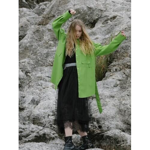 IRINACH270 FALL WINTER 2020 COLLECTION green oversize long PU leather shirt coat women