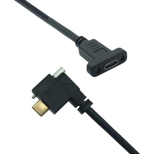 USB C Type-C male-to-female extension data cable 90-degree right angle, gold plated with panel mounting screw holes 10Gbps 0.3M