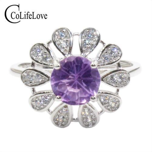 CoLife Jewelry Fashion 925 Silver Amethyst Ring for Party 7mm Natural Amethyst Silver Ring Sterling Silver Amethyst Jewelry