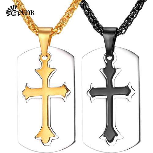 Latin Cross Necklaces & Pendants With Dog Tag Catholic Religious Jewelry yellow Gold Stainless Steel Wholesale Gift P2157G