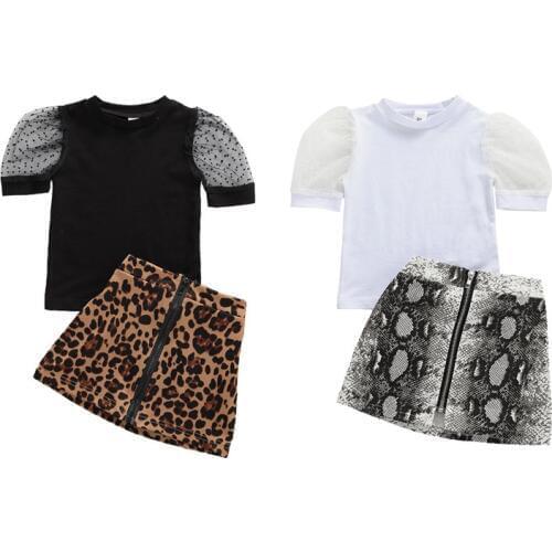 Fashion Girls Clothing Sets Summer Dots Mesh Lace T-shirt Leopard Snake Print Zipper Skirts Suit 2pcs Kid Girls Boutique Outfits