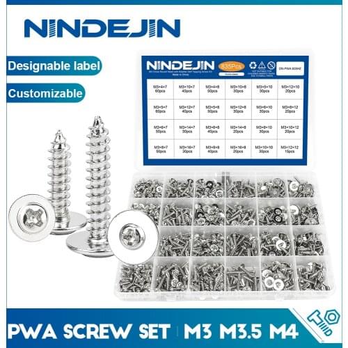 NINDEJIN Round Head Screw Set with Washer M3 M3.5 M4 Pan Head Phillips Self Tapping Screw Assortment Kit