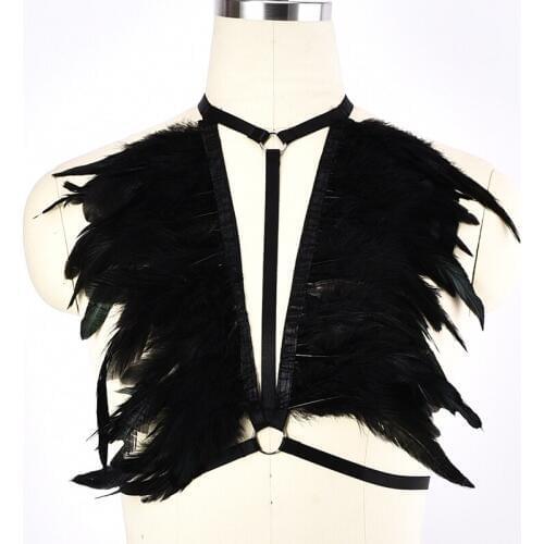BODY HARNESS Sexy Lingerie Feather Black Cage Bra Belt Pole Dance Goth Fetish Adjust Festival Rave Wear Body Bondage Harness
