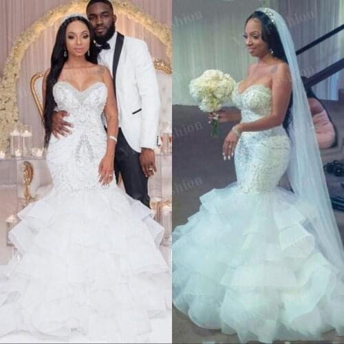Sexy African Mermaid Wedding Dresses Sweetheart Crystal Pearls Beaded Embroidery Ruffled Layered Nigerian Bridal Wedding Gowns
