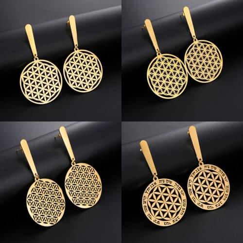 Sipuris Vintage Flower of Life Earrings for Women Round Pendant Stainless Steel Earrings Fashion Cutout Dangle Earrings Jewelry