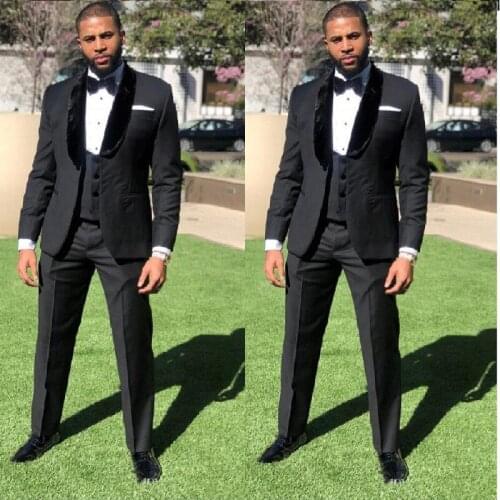 Custom Made Groomsmen Black Groom Tuxedos Shawl Velvet Lapel Men Suits Wedding Best Man 3 Pieces ( Jacket+Pants+Vest+Tie ) C858
