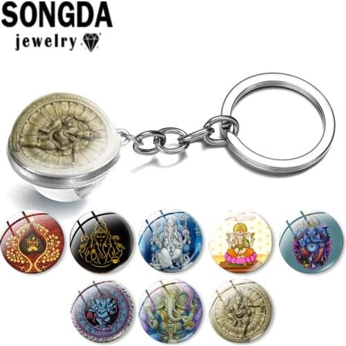 SONGDA Ganesha Elephant Keychain Fashion Transparent Double Sided Cabochon Glass Ball Surface Pendant Handbag Charm Car Key Ring