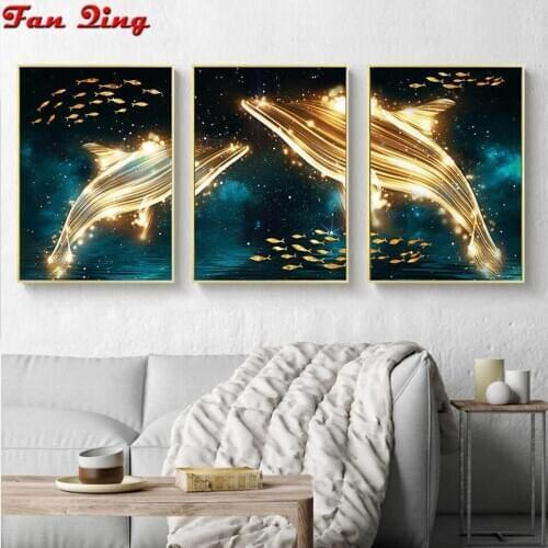 Triptych Diy Diamond Painting Abstract golden fish, sea Starry sky 5D Full Drill mosaic diamant Embroidery Wall Art 3pcs/set