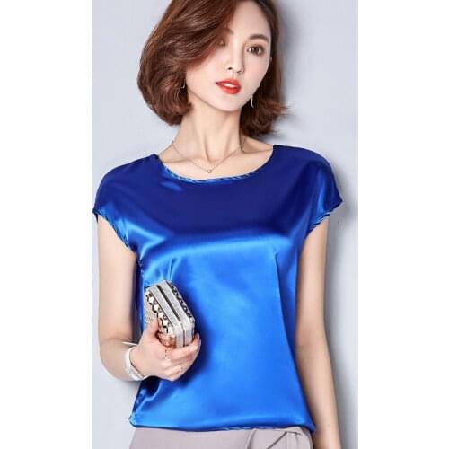 Women Tops and Bloues Summer Casual Plus Size Basic Satin Shirts O-Neck Elegant Short Sleeve OL Silk Blouse Feminina Tops