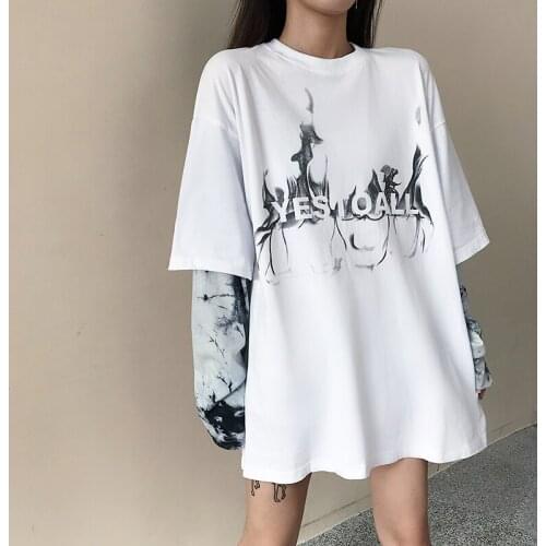 Female Korean Harajuku Vintage Stitching Casual T-shirt Womens T-shirts Tops Japanese Kawaii Ladies Ulzzang Clothes For Women