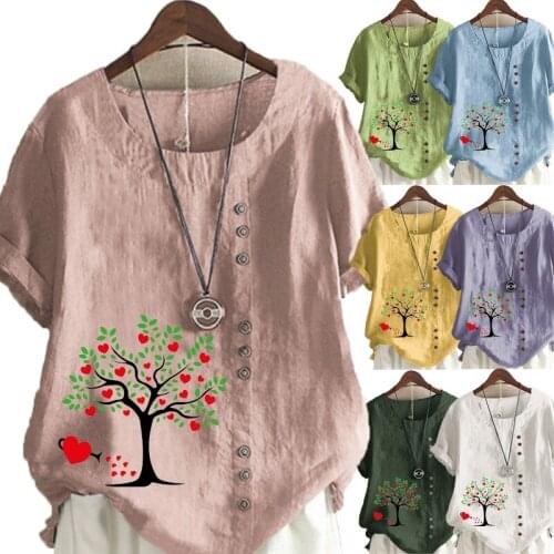 Womens New Summer Fashion Casual Linen Shirt Round Neck Printing T-shirt Short Sleeve Tops Loose Blouse S-5XL