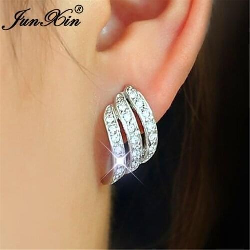 JUNXIN Cute Angel Wings Stud Earrings For Women White Gold Filled Rose Gold Filled White Crystal Zircon Studded Earring Female