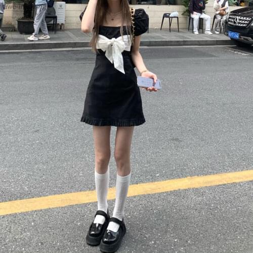 Summer 2021 New Fresh and Sweet Square Collar Bowknot Puff Sleeve Jumpsuit Fashion Short Skirt Trendy Black Waist Temperament