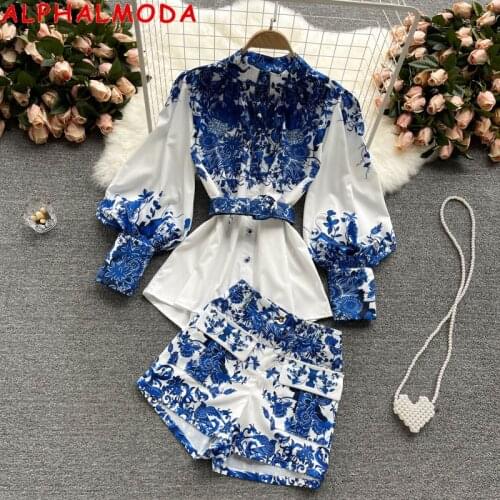 ALPHALMODA Court Style Women Printed Long-sleeved Shirt + High Waist Shorts Women 2pcs Fashion Suit Belted Chif Trendy Set