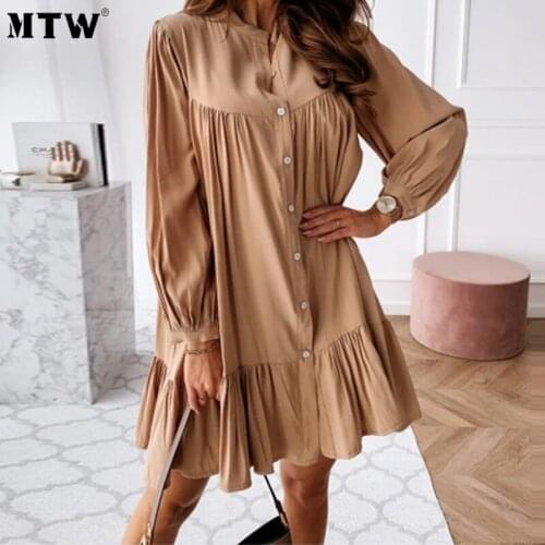 Spring Women Solid Office Dress 2021 Casual Stand Collar Long Sleeve Button Mini Dress Elegant Ruffle Party Dresses