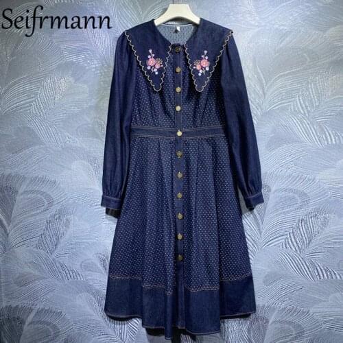 Seifrmann New 2021 Autumn Women Fashion Runway Party Midi Dress Embroidery Single Breasted Dot Printed Cotton Dresses Vestidos