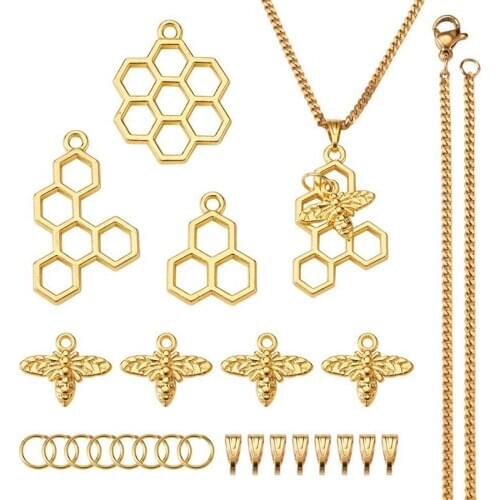 1 Set DIY Necklace Making Alloy Pendants Bee Honeycomb 304 Stainless Steel Curb Chain Necklaces Golden Color 21.65"(55cm)