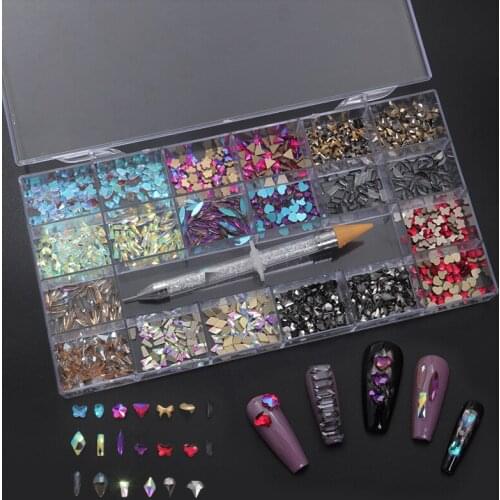1000Pcs/Box Mixed Color Glass Crystal Diamond In Grids 21 Shape And SS4-SS20 Flatback Nail Art Rhinestone Set With 1 Pick Up Pen