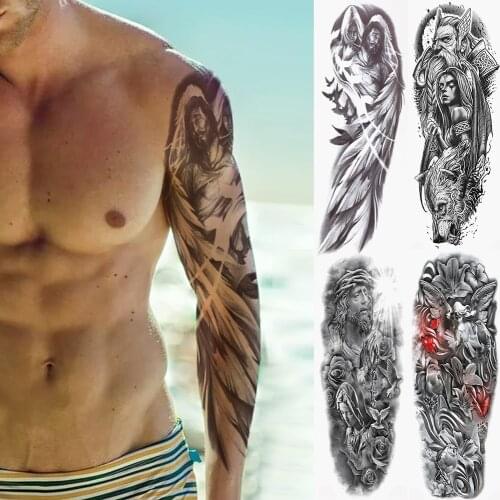 3D Feather Temporary Tattoos Sleeves For Men Women Adult Jesus Mars Nun Angel Full Arm Tattoo DIY Realistic Fake Tatoo Stickers