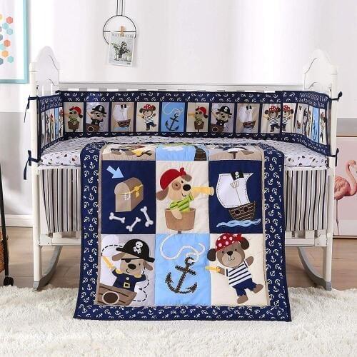 7PCS embroidered Animal Embroidered Baby Cot Crib Bedding Set Infant Room Decor kit de berço (4bumper+duvet+bed cover+bed skirt)
