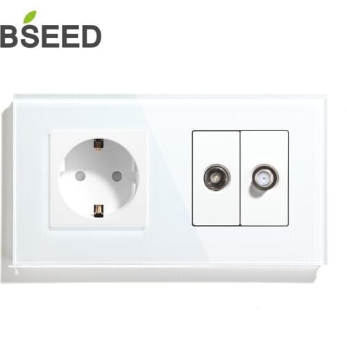 BSEED TV Satellite Wall Socket With EU Standard Electrical Plugs Sockets Crystal Glass Panel White 3 Colors Outlets 157mm