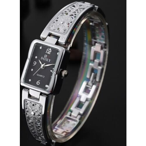 Womens Fashion Flower Hollow Gold Bracelet Watch Three Pin Digital Square Dial Waterproof Watch Womens Fashion Quartz Watch