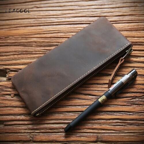 Handmade Genuine Leather Pencil Case Vintage Cowhide Zipper Long Pen Bag School Bag Glasses Case Office Stationery Gift