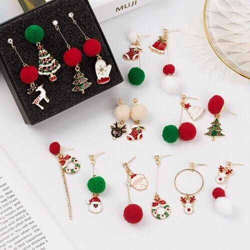 Drip Needle Christmas New Asymmetric Fur Ball Earrings Fashion Santa Claus Tree Snowman Elk Bell Earrings