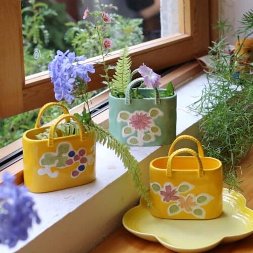 Nordic Ceramic Handbag Vase Painted Small Flower Pot Basket Desk Aesthetic Cute Room Home Decoration Accessories