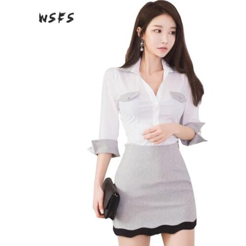 2pieces Sets Summer White Shirts Blouses Tops Half Sleeve Turndown Gray Mini Skirts Bandage Sexy Elegant Office Lady Suits Dress