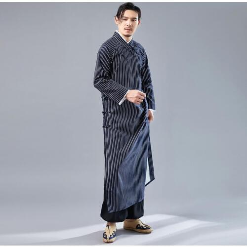 Kungfu Tang Suit for Man Chinese Long Robe Middle East Dubai Muslim Islamic Thobe Striped New Year Traditional Cotton Gown