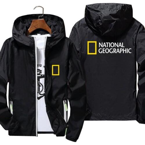 Mens Casual National Geographic Survey Expedition Scholar Windbreaker Reflective Sunscreen Zipper Hooded Jacket Plus Size 7XL